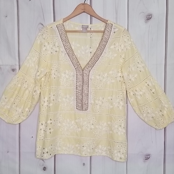 Chico's Tops - Chico's Yellow Eyelet Beaded Pullover Blouse 8-10